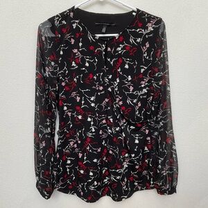 WHBM Black Blouse With Red, Pink, White Floral Print Sheer Sleeves Size XS